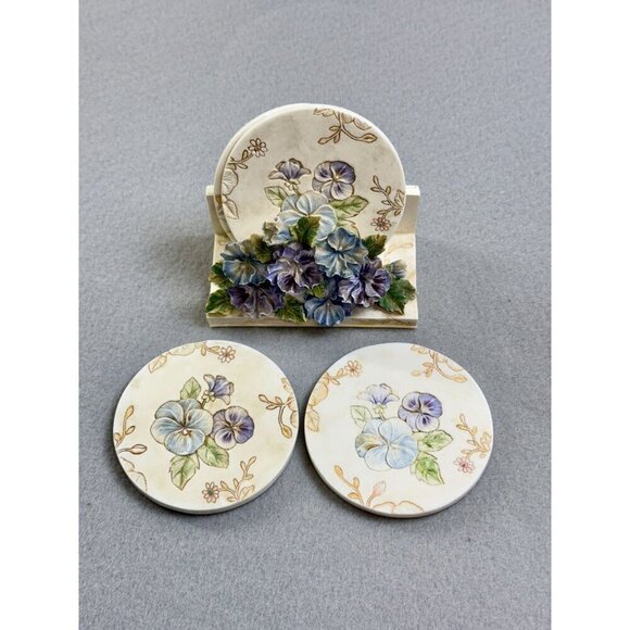Vintage Ceramic Pansy Flower 3D Sculpture Coaster Holder with Coasters - Picture 9 of 10